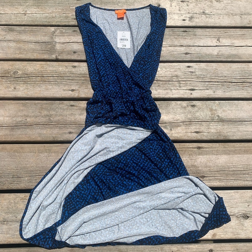 💜 Joe Fresh Blue Black Speckled Ruched V-Neck Sleeveless Dress Size M/M - Picture 3 of 6